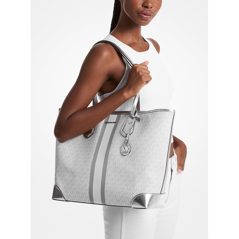 Michael Kors Eva Large Metallic Logo Stripe‎ Tote in Optic White - Picture 9 of 9